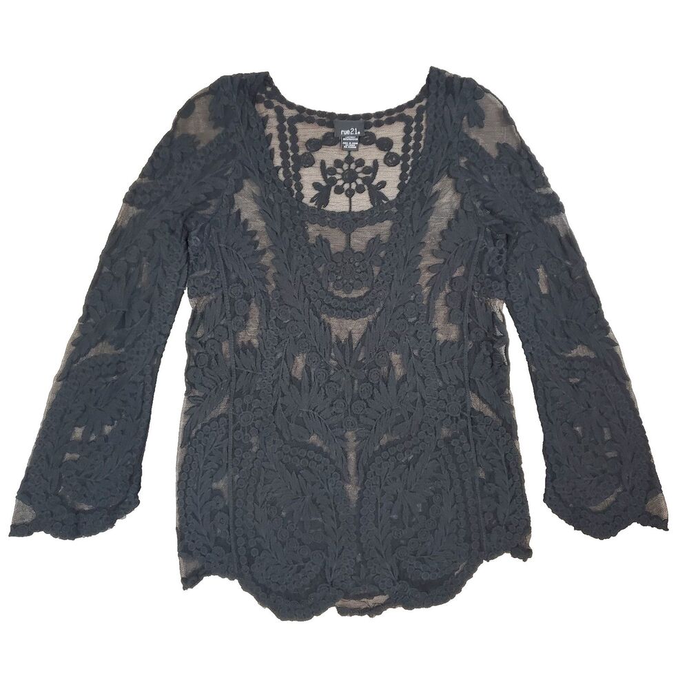 Rue21 Black Sheer Mesh Bell Sleeve Fairy Grunge Top M Y2K Whimsigoth Ethereal